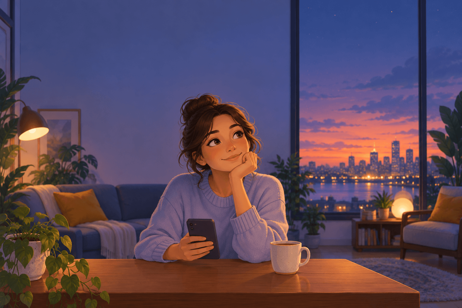 Illustration of a person at home thinking through their plans for the weekend with a phone in hand.